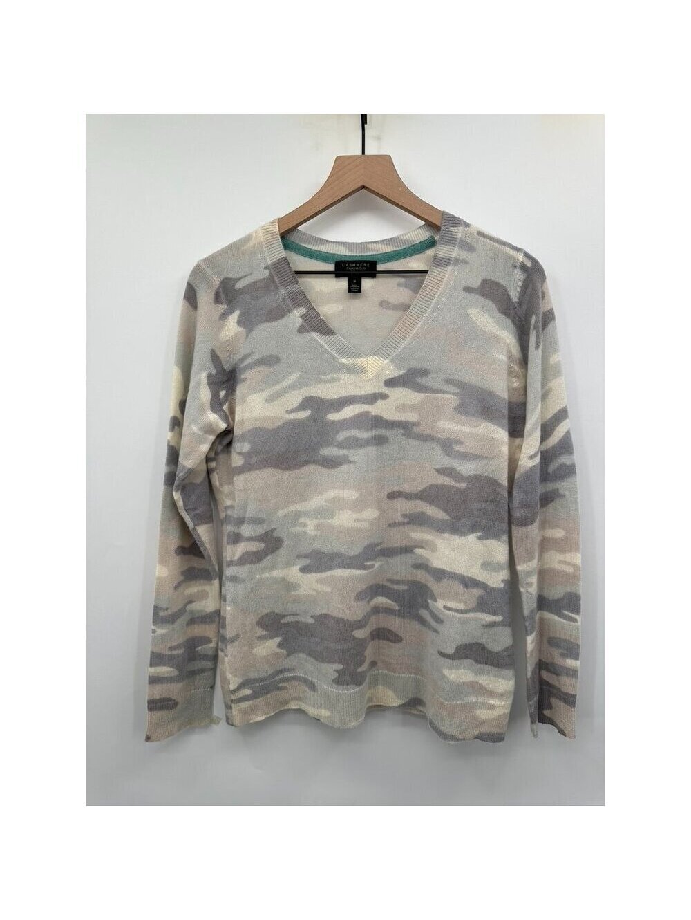 Charter Club Cashmere Camouflage V-Neck Sweater Medium Beige & Gray